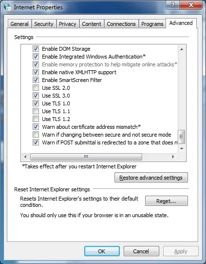 Internet Options settings for QuickBooks