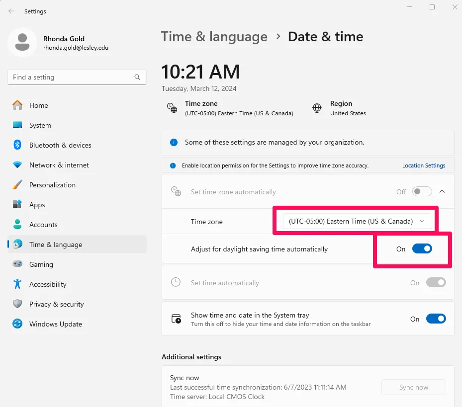 Windows date and time settings