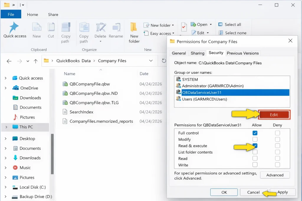 QuickBooks company file permissions
