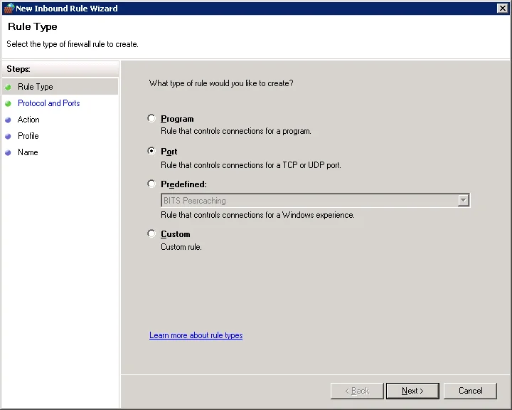 Windows Firewall inbound port settings