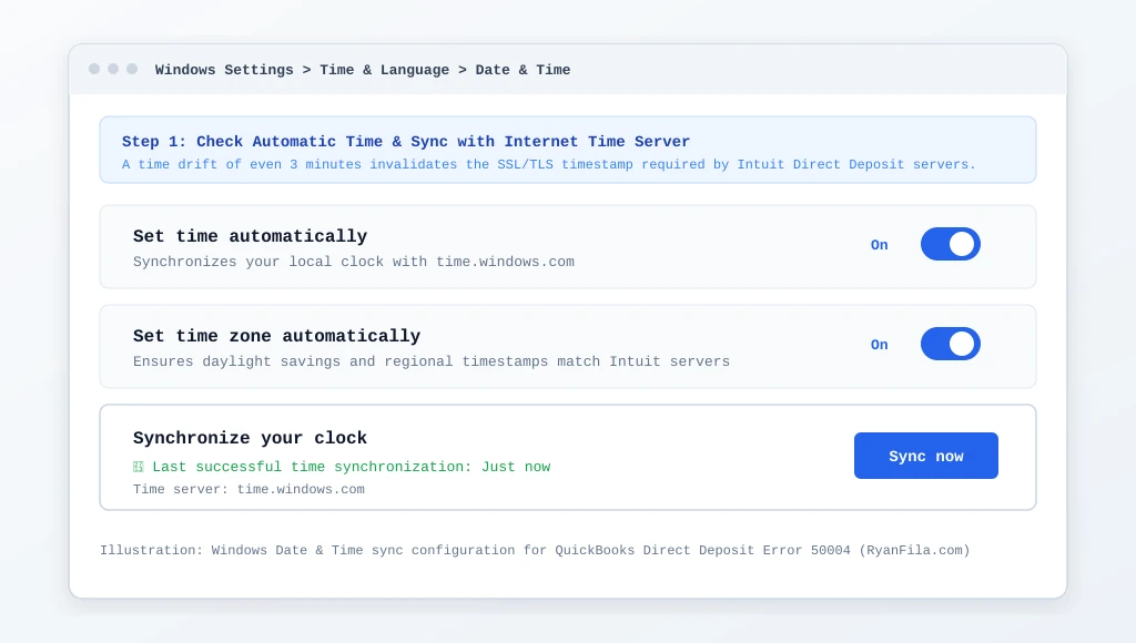 Windows Date and Time settings showing automatic time sync and Sync Now button for QuickBooks Error 50004