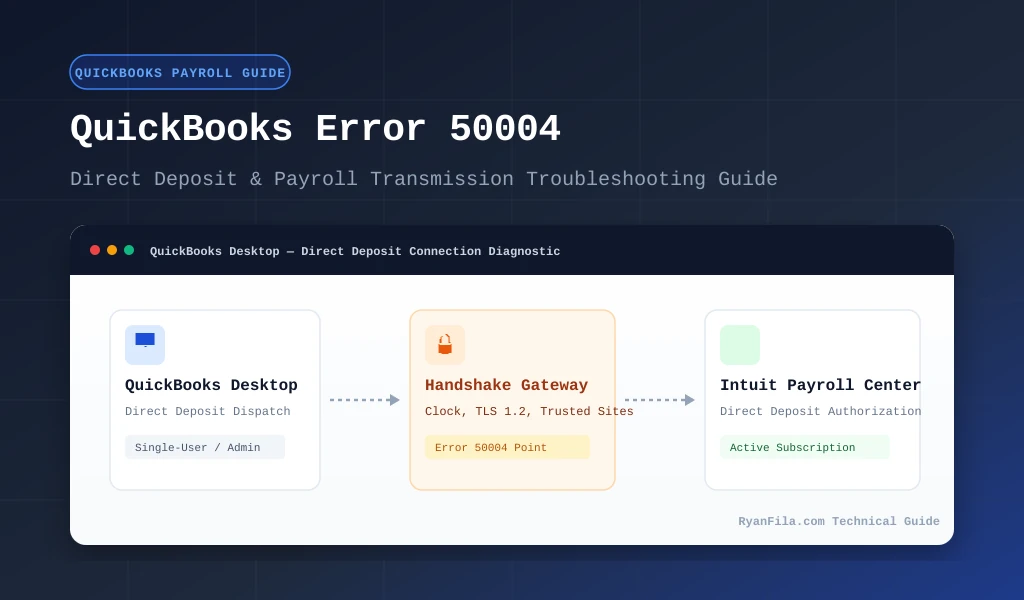 QuickBooks Error 50004 overview diagram showing direct deposit connection between QuickBooks Desktop and Intuit Payroll Center